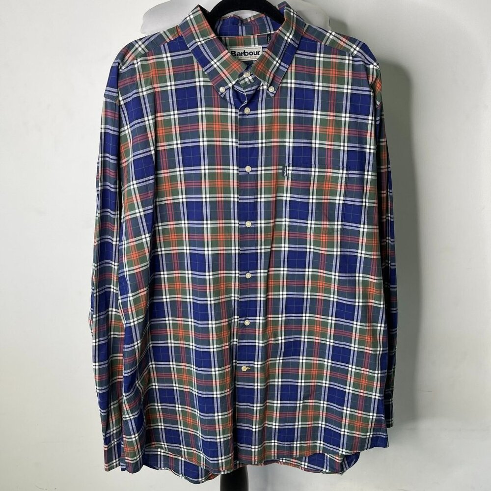 Barbour Highland 6 Shirt Men's XL Tailored Fit Plaid Blue Orange Button Down